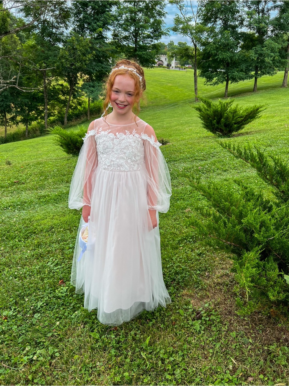 Azazie Girls' White/Blush Lace Tulle Flower Girl Dress